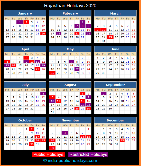 Rajasthan Holiday Calendar 2020